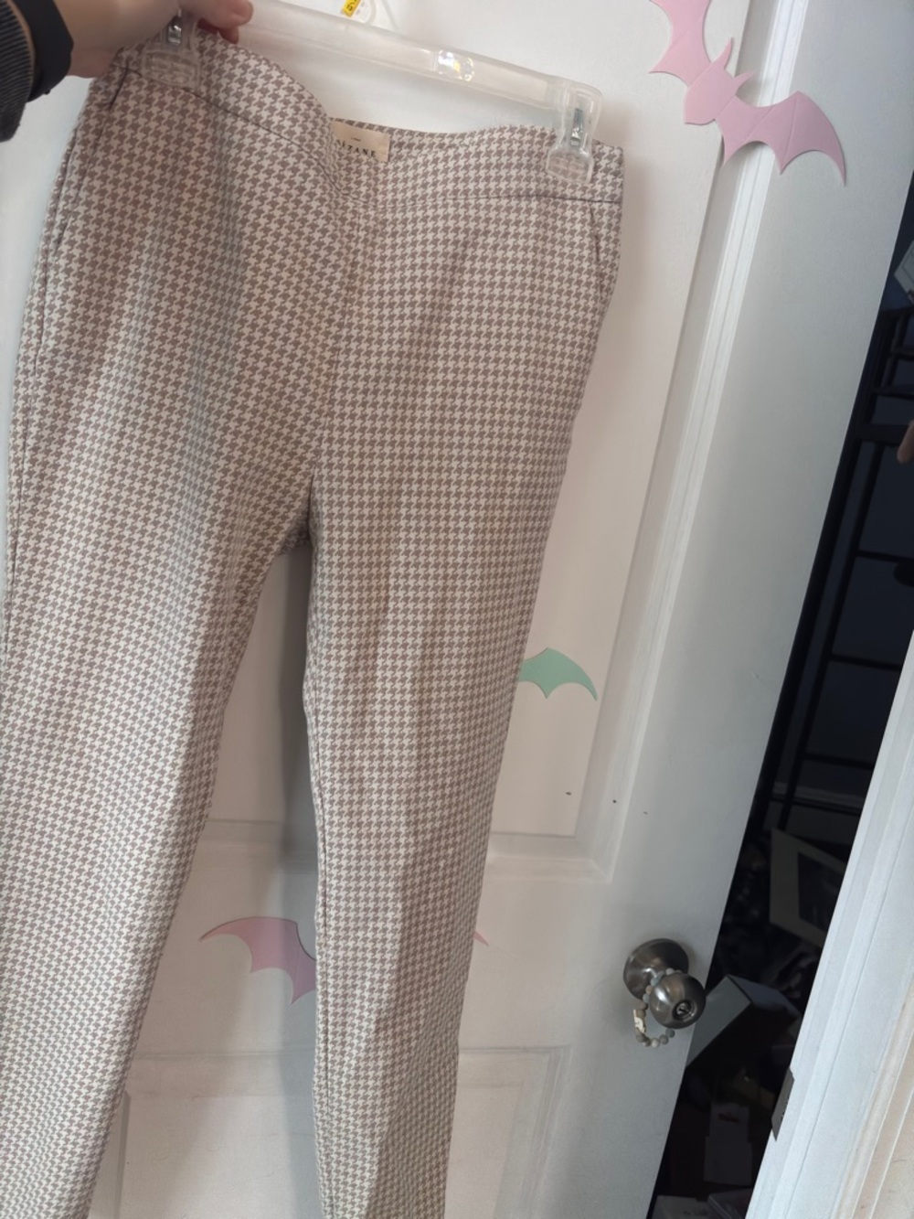 Sezane Beige & Cream Houndstooth Trousers
